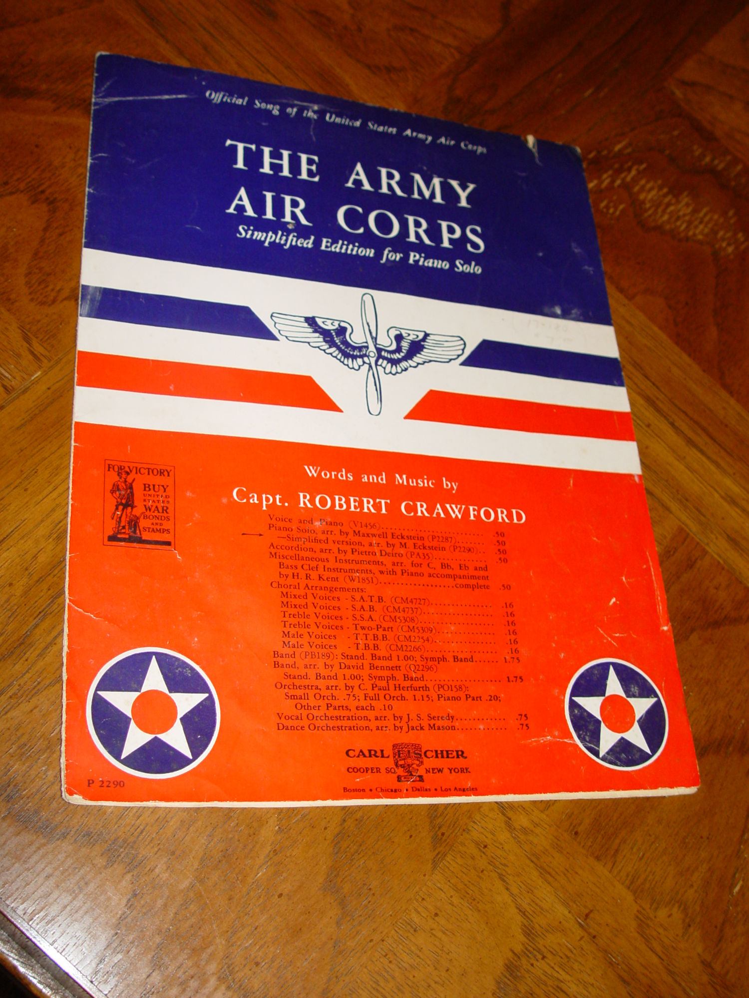 WWII The Army Air Corps Official Song Sheet
                        Music P2290 - Carl Fisher 1943