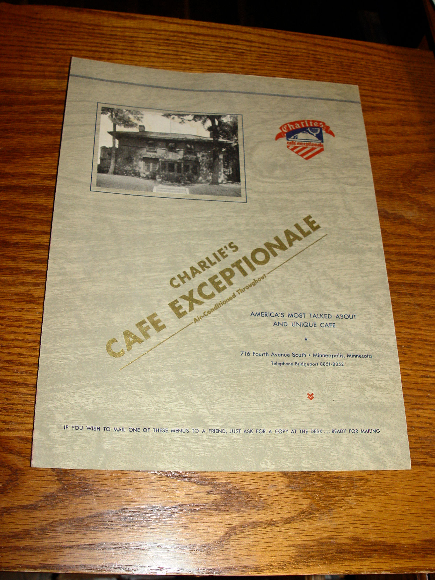 Charlie's Cafe Exceptionale Restaurant Menu
                        1940's - Minneapolis