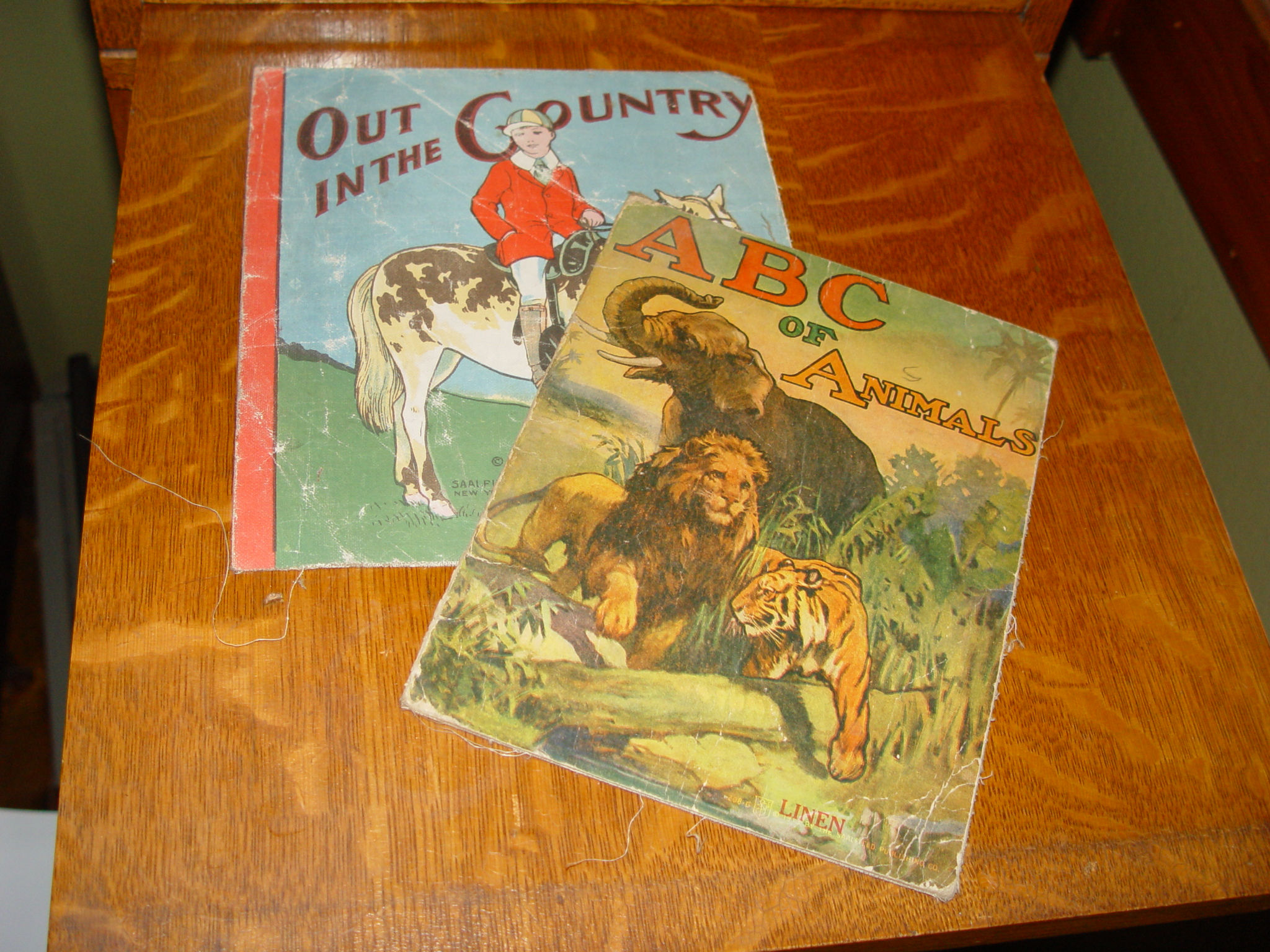 2 Linen Antique Children's Books ABC of
                        Animals, Out in the Country